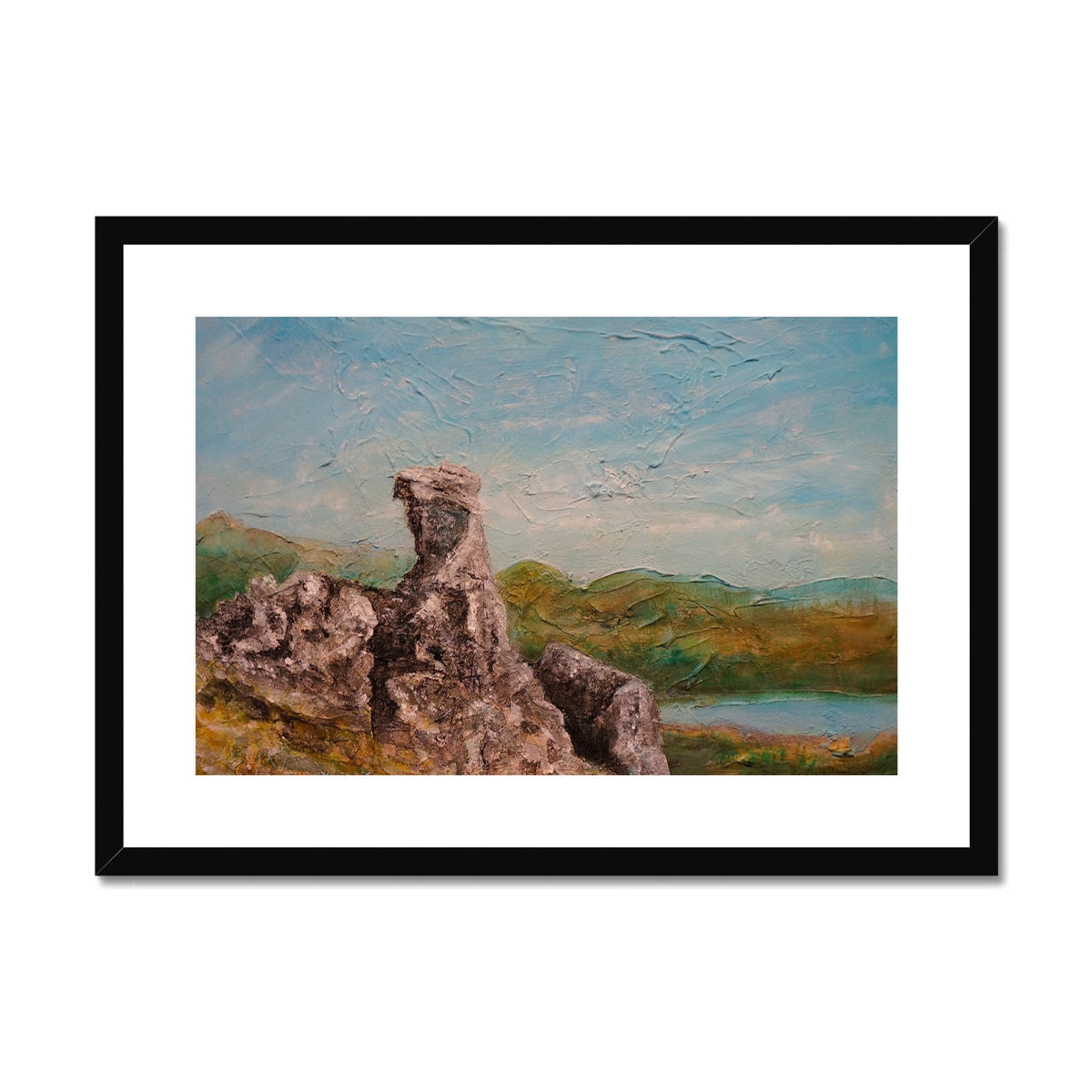 Black framed The Cobbler II rock art print with textured landscape