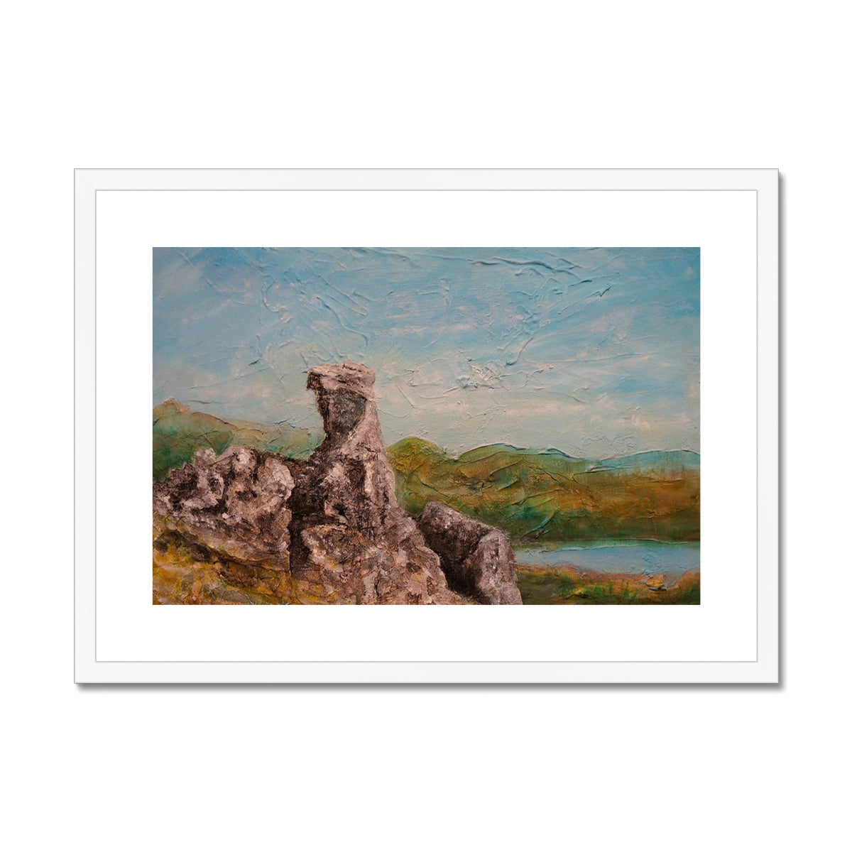 White framed rock art print of birds in flight landscape from The Cobbler II