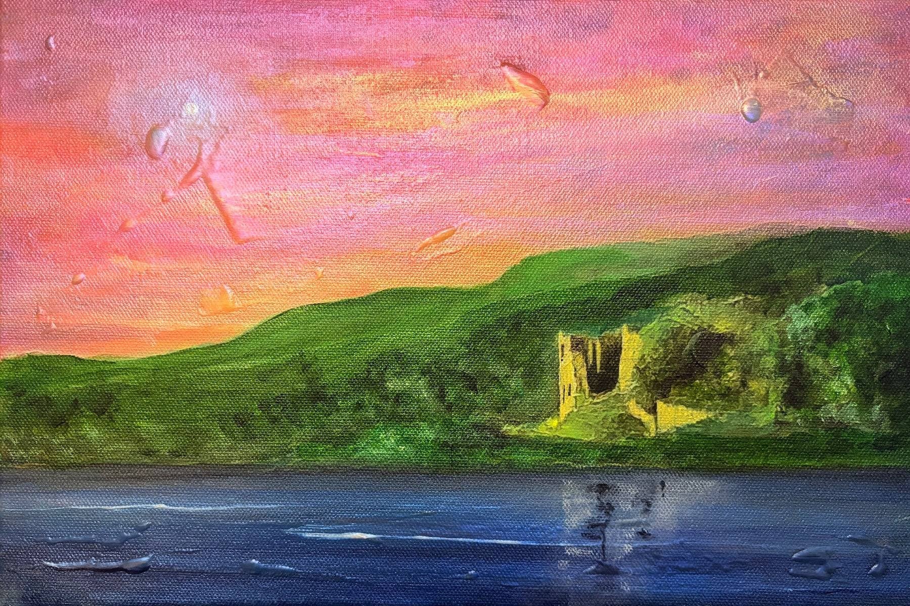 Surreal Scottish landscape oil painting with green hills, stone ruin, and vibrant sky