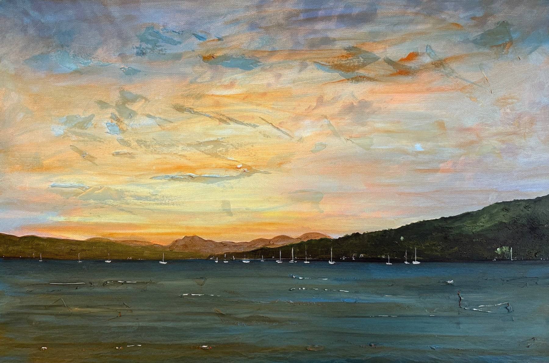 Serene Scottish sunset lake painting with sailboats in orange hues