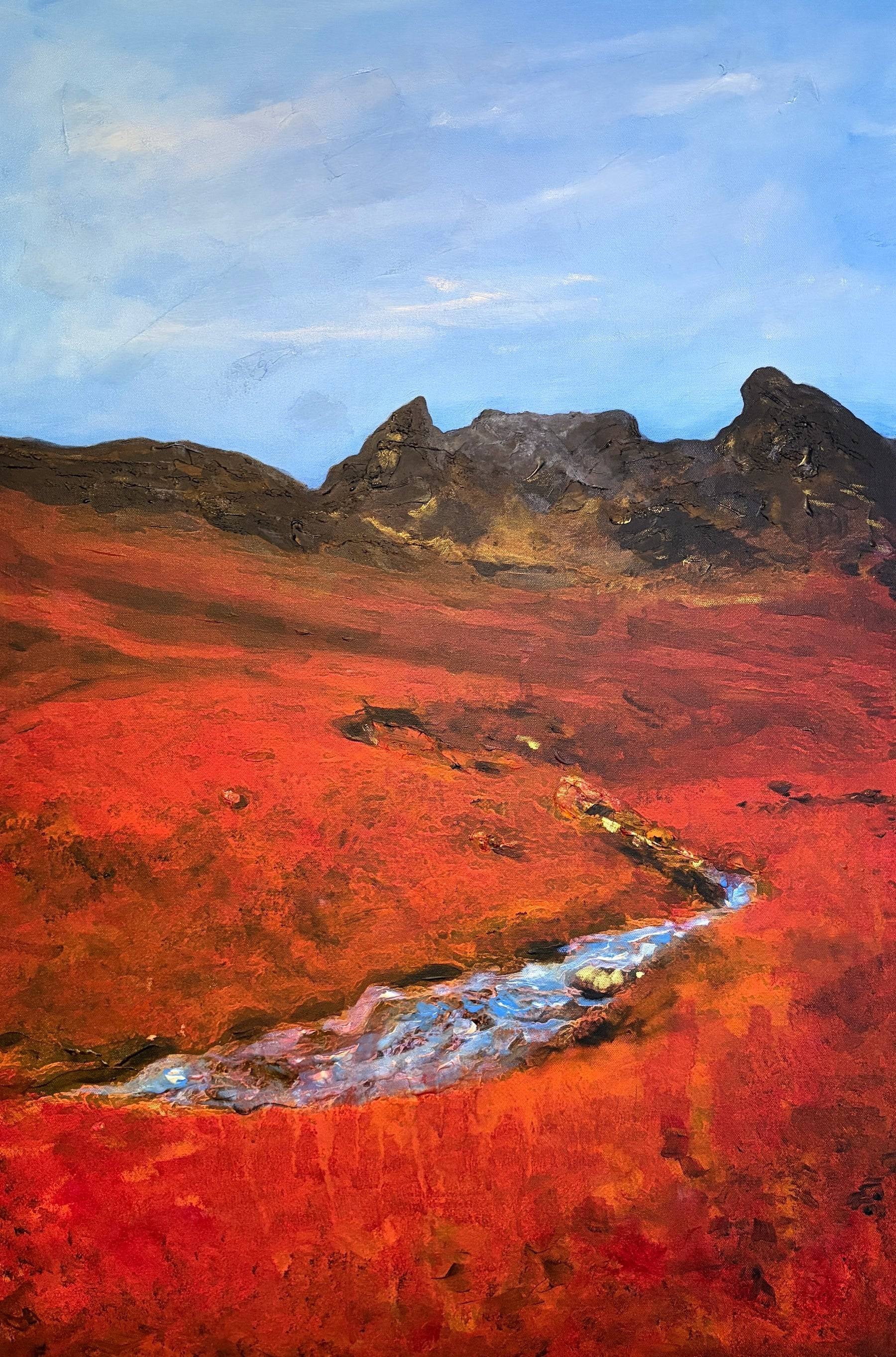 Vibrant red Scottish landscape painting with rugged mountains and winding stream