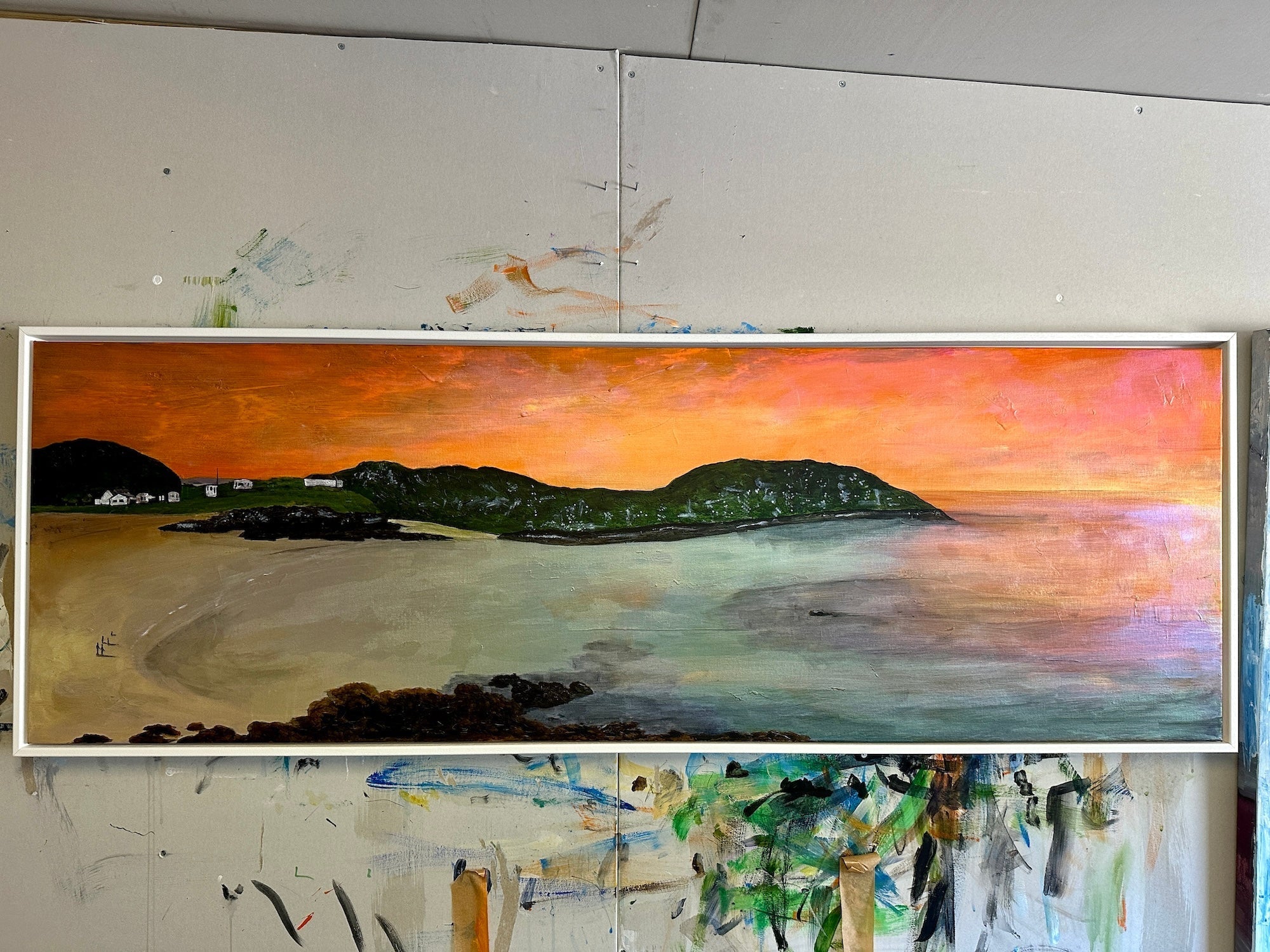 Framed panoramic landscape painting of a Scottish coastal sunset for Commission Original Landscape Paintings of Scotland