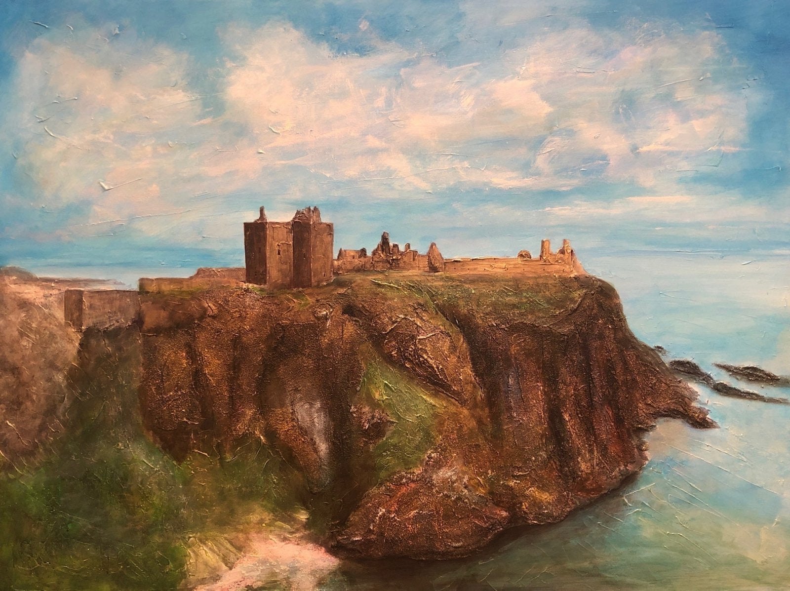 Original landscape painting of a historic ruined castle on a cliff overlooking the sea in Scotland