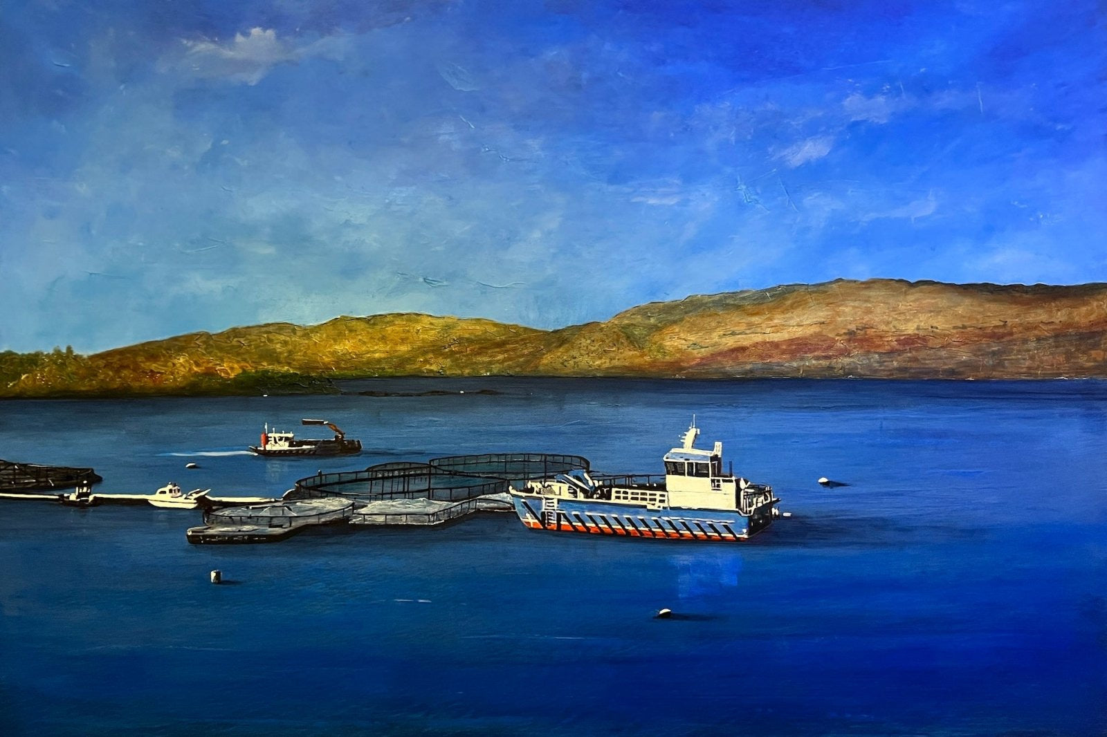 Blue and white workboat with crane docked at Pier in Scotland landscape painting