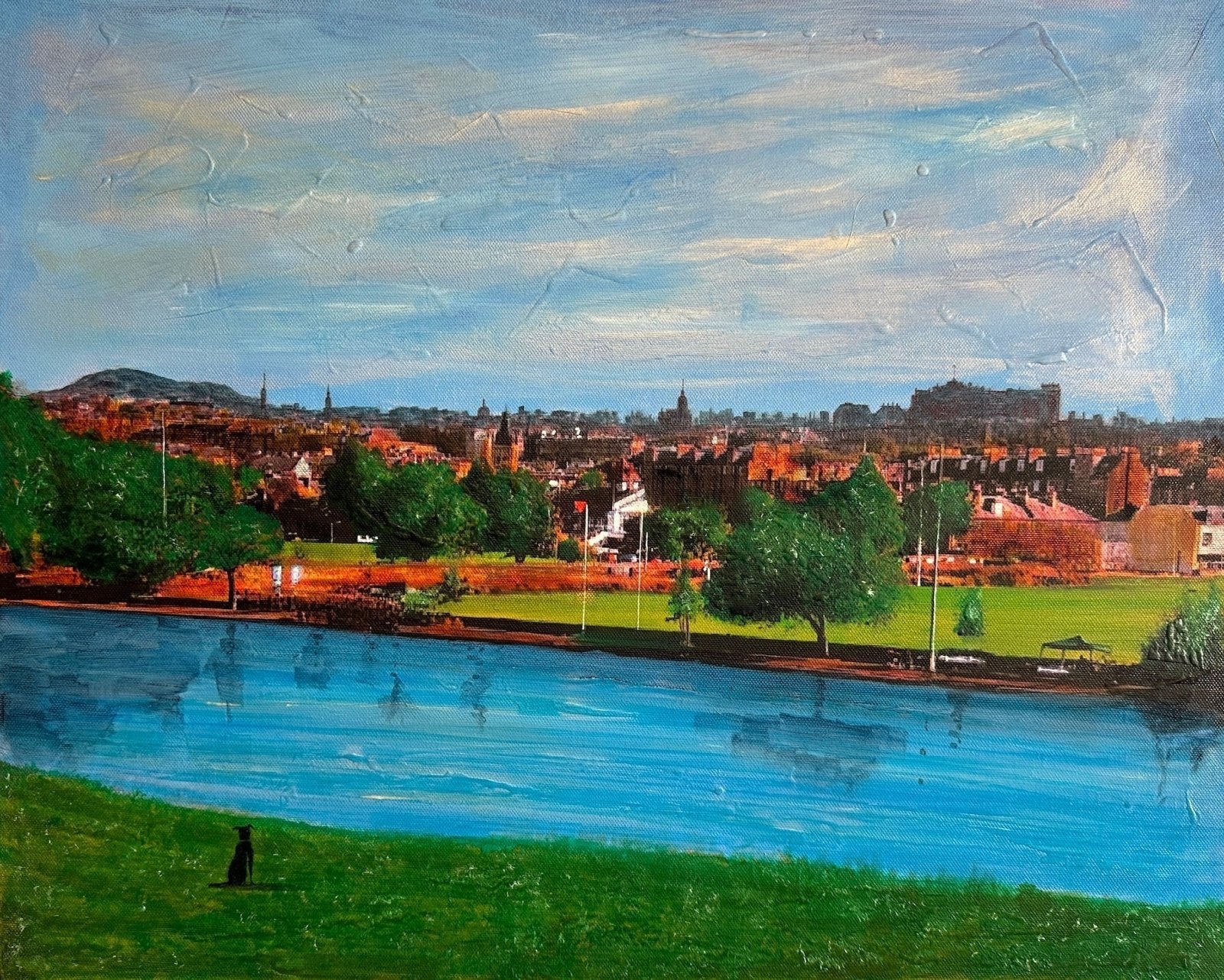 Vibrant oil painting of a Scottish cityscape with river green spaces and skyline