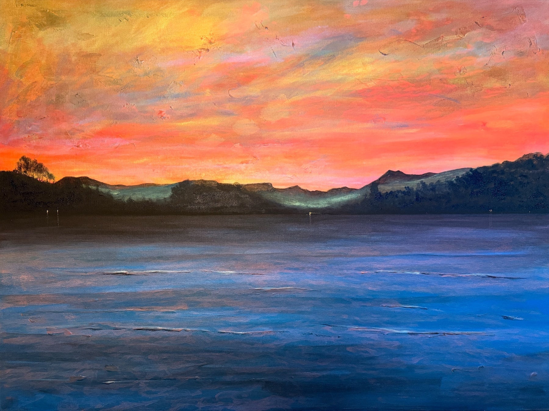Vibrant oil painting of a sunset over a Scottish lake with distant hills for Commission Original Landscape Paintings of Scotland