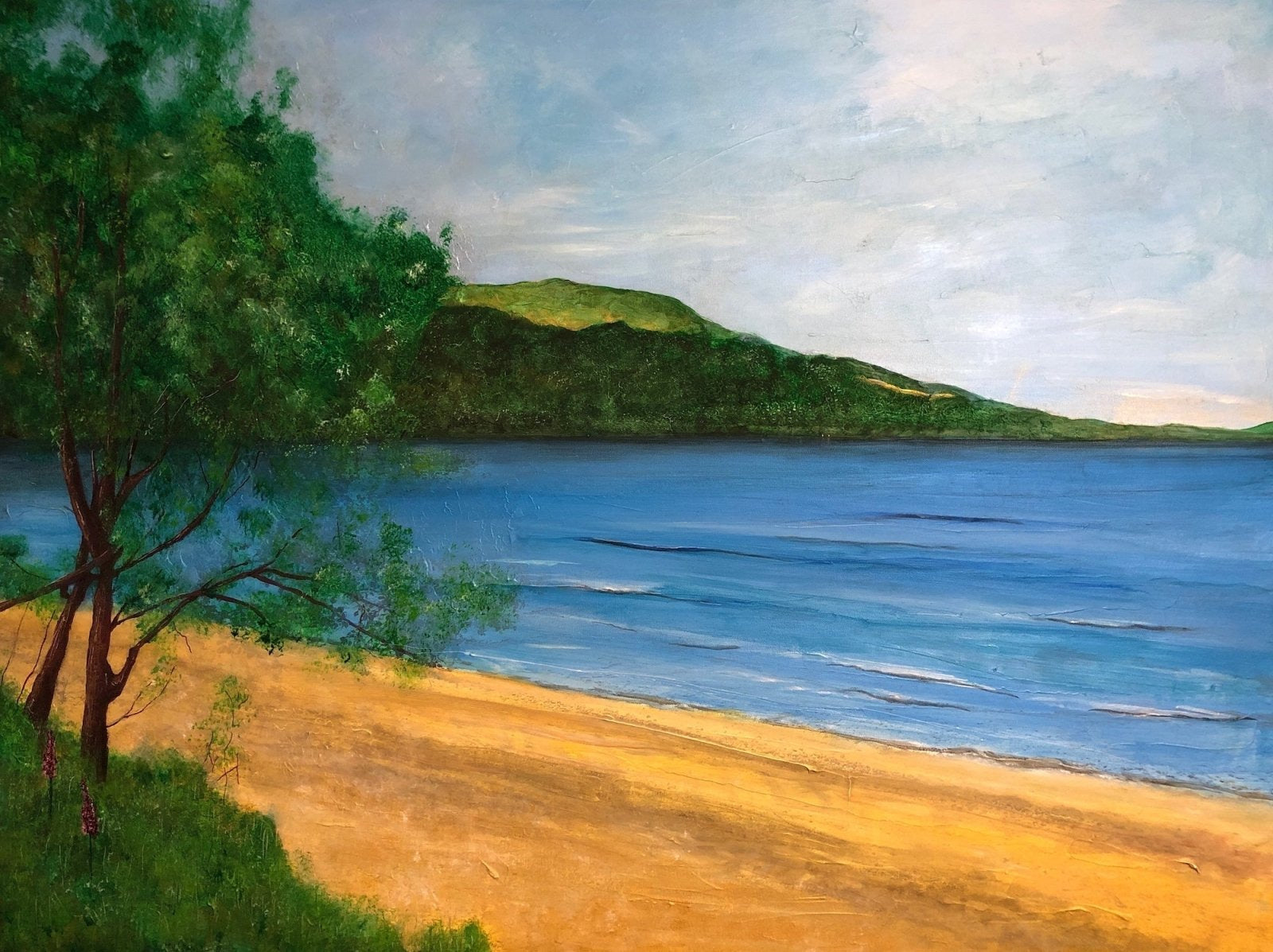 Oil painting of a Scottish beach with a tree and mountain background for Commission Original Landscape Paintings of Scotland