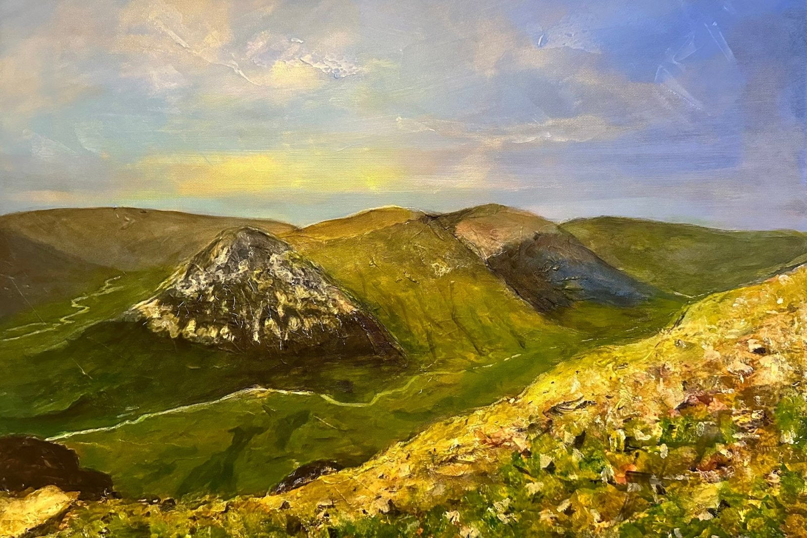 Vibrant oil painting of Scottish mountainous landscape with winding river under partly cloudy sky