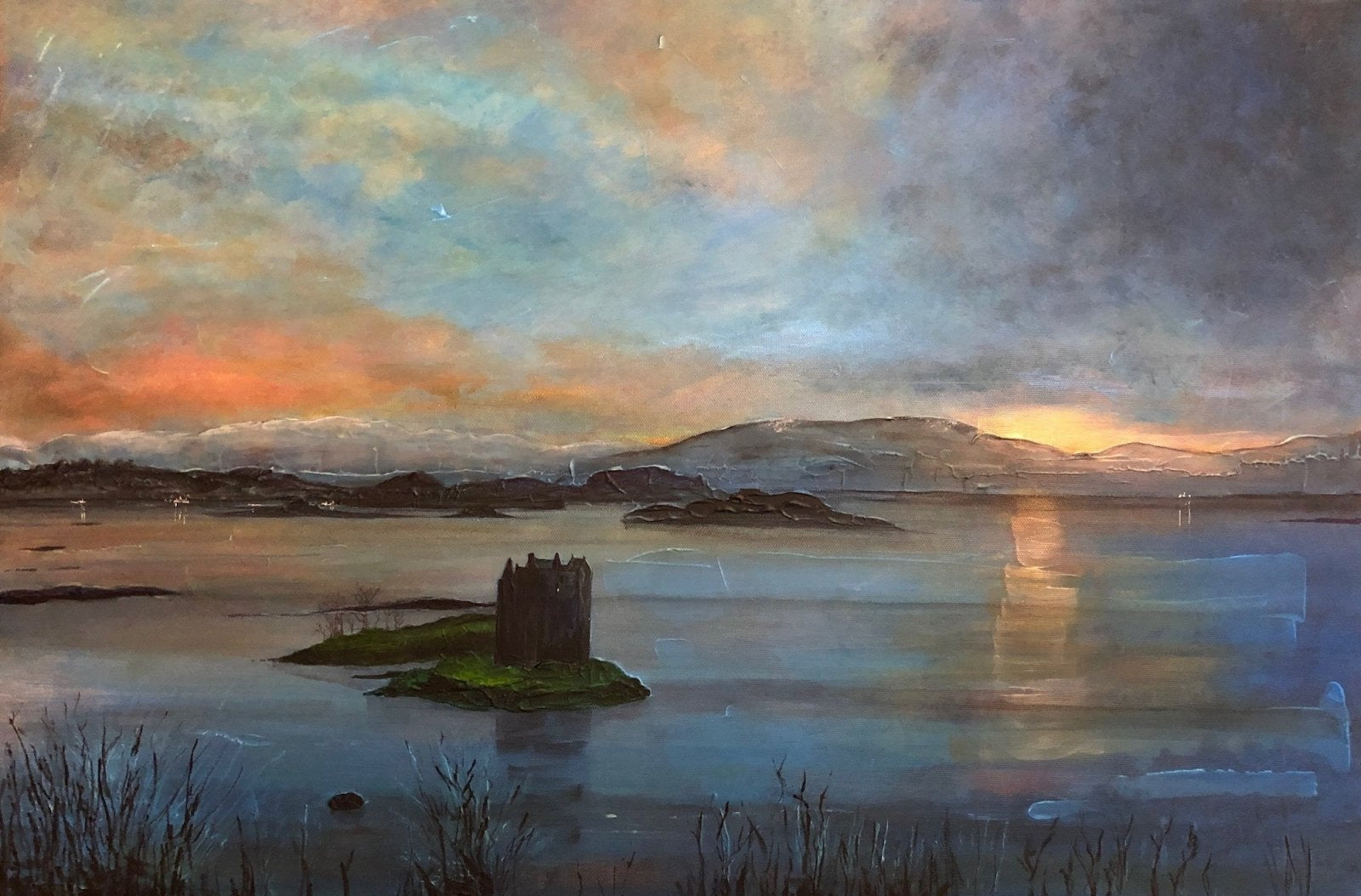 Ancient stone castle on grassy island in water, Scottish landscape painting