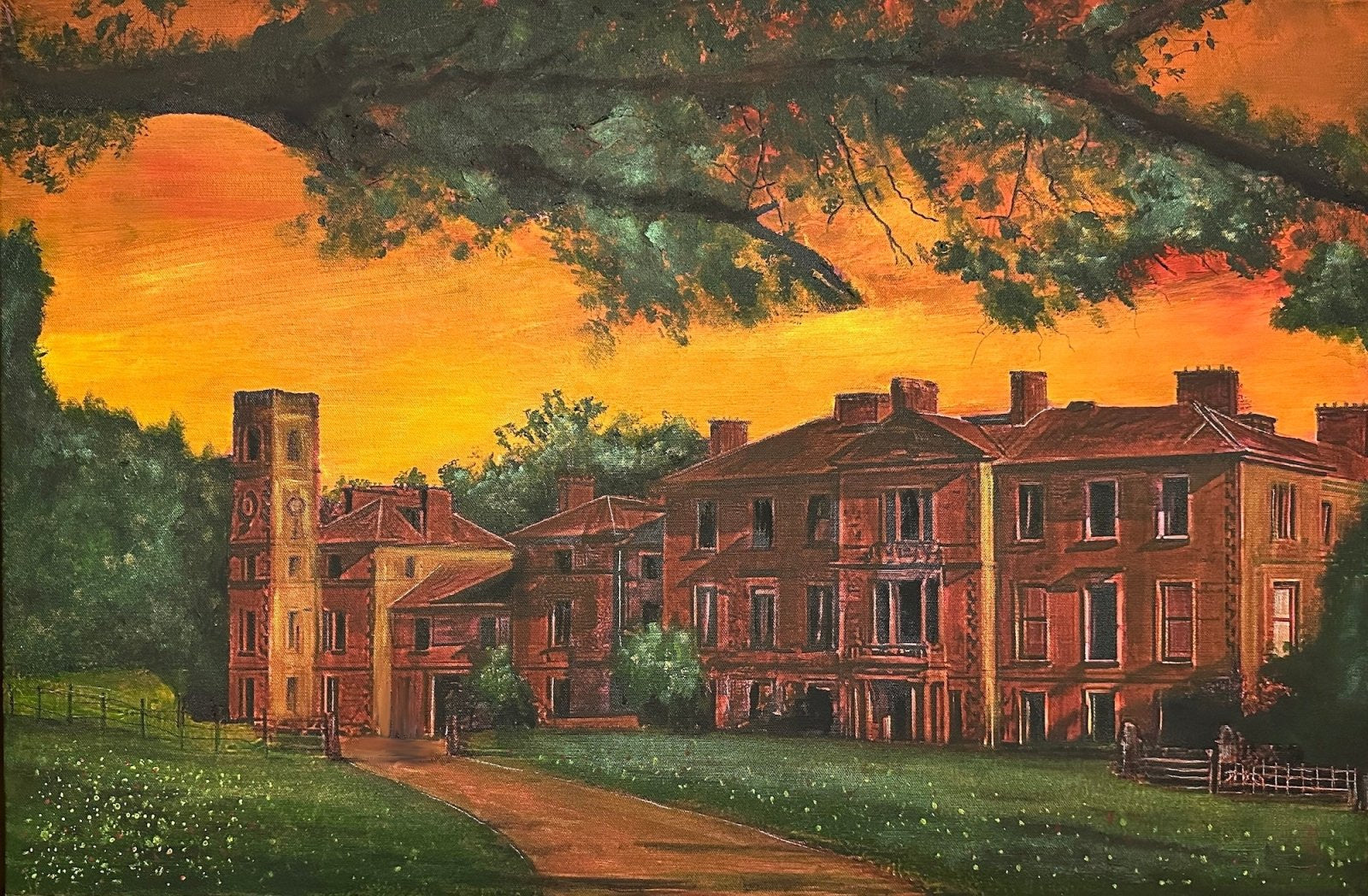 Oil painting of a red-brick Scottish mansion with a tower and driveway at sunset