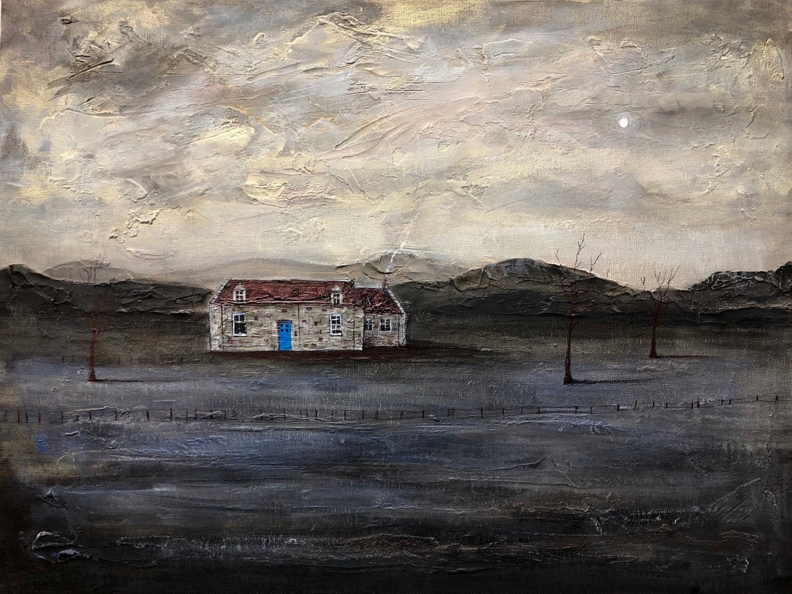 Stone cottage with red roof and bright blue door in a Scottish landscape painting