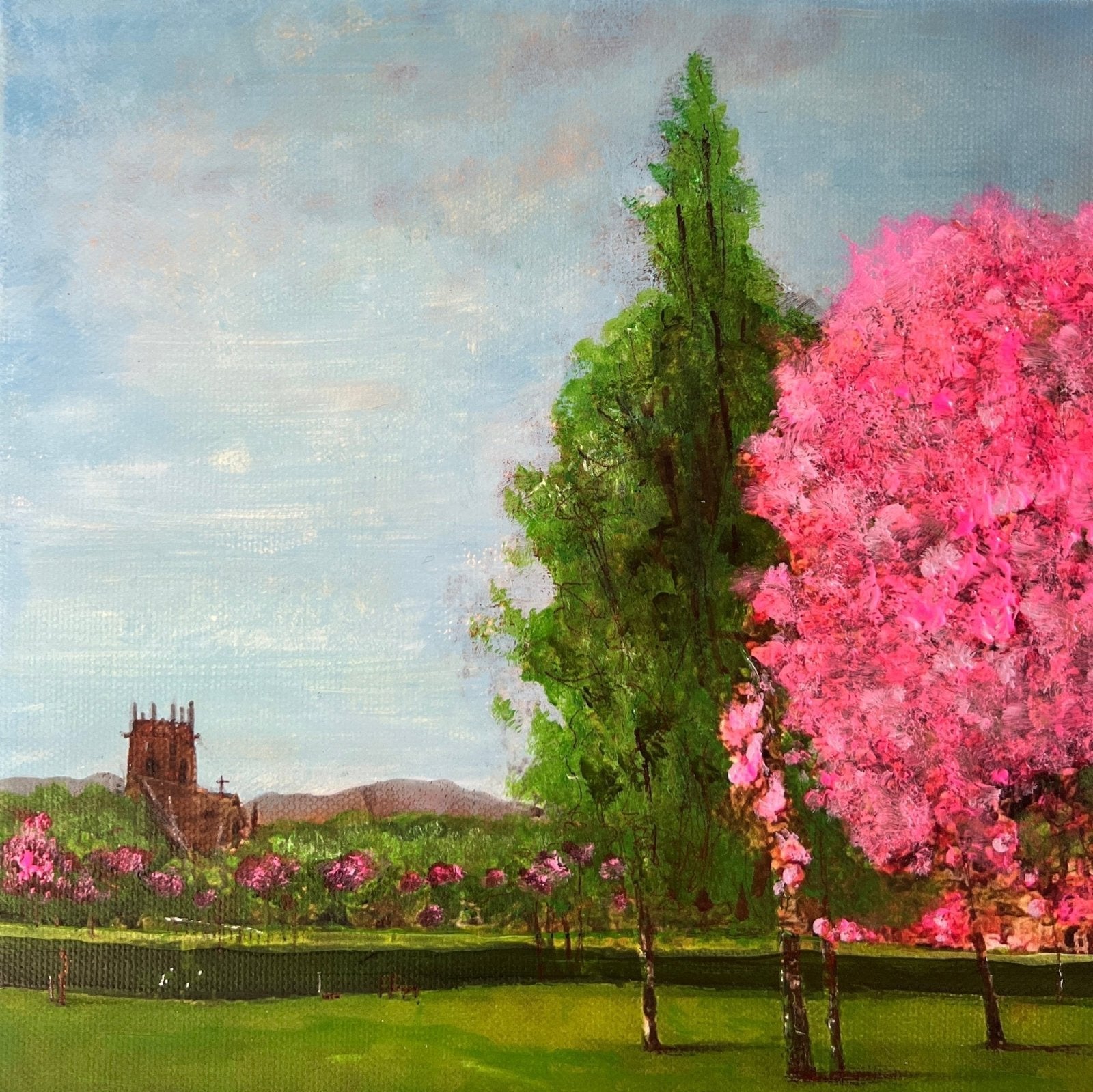 Vibrant oil painting of Scottish landscape with church, lush trees, and pink flowers
