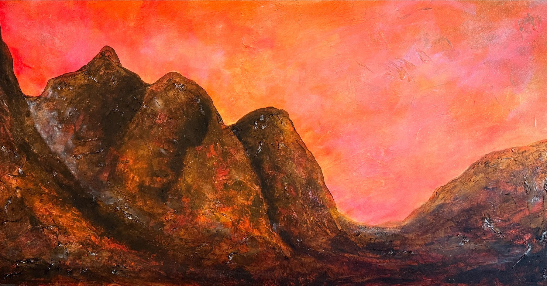Impressionistic landscape painting of Scottish mountains under vibrant orange and pink sky
