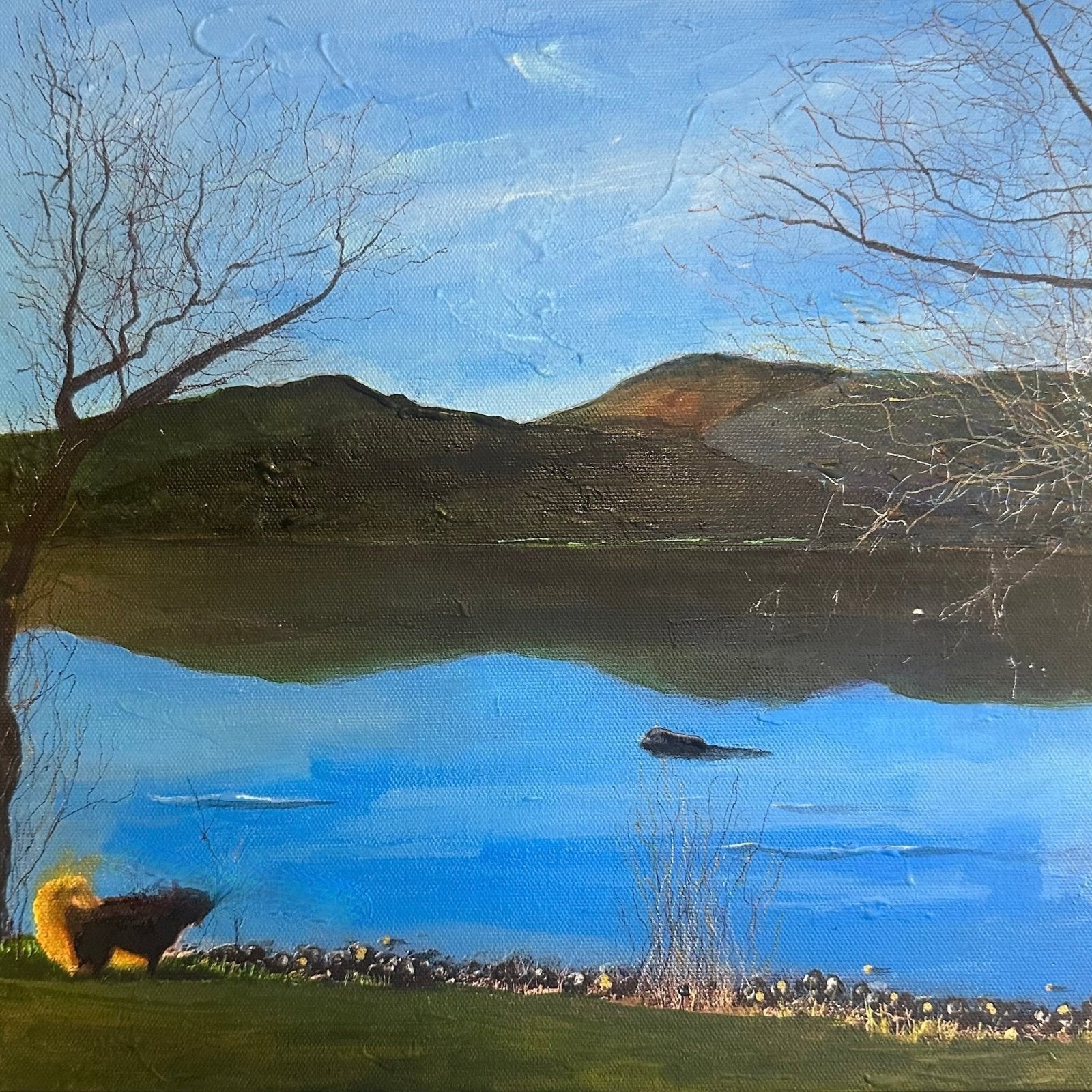 Vibrant Scottish landscape painting of a lake with hills, bare trees, and a fluffy brown animal
