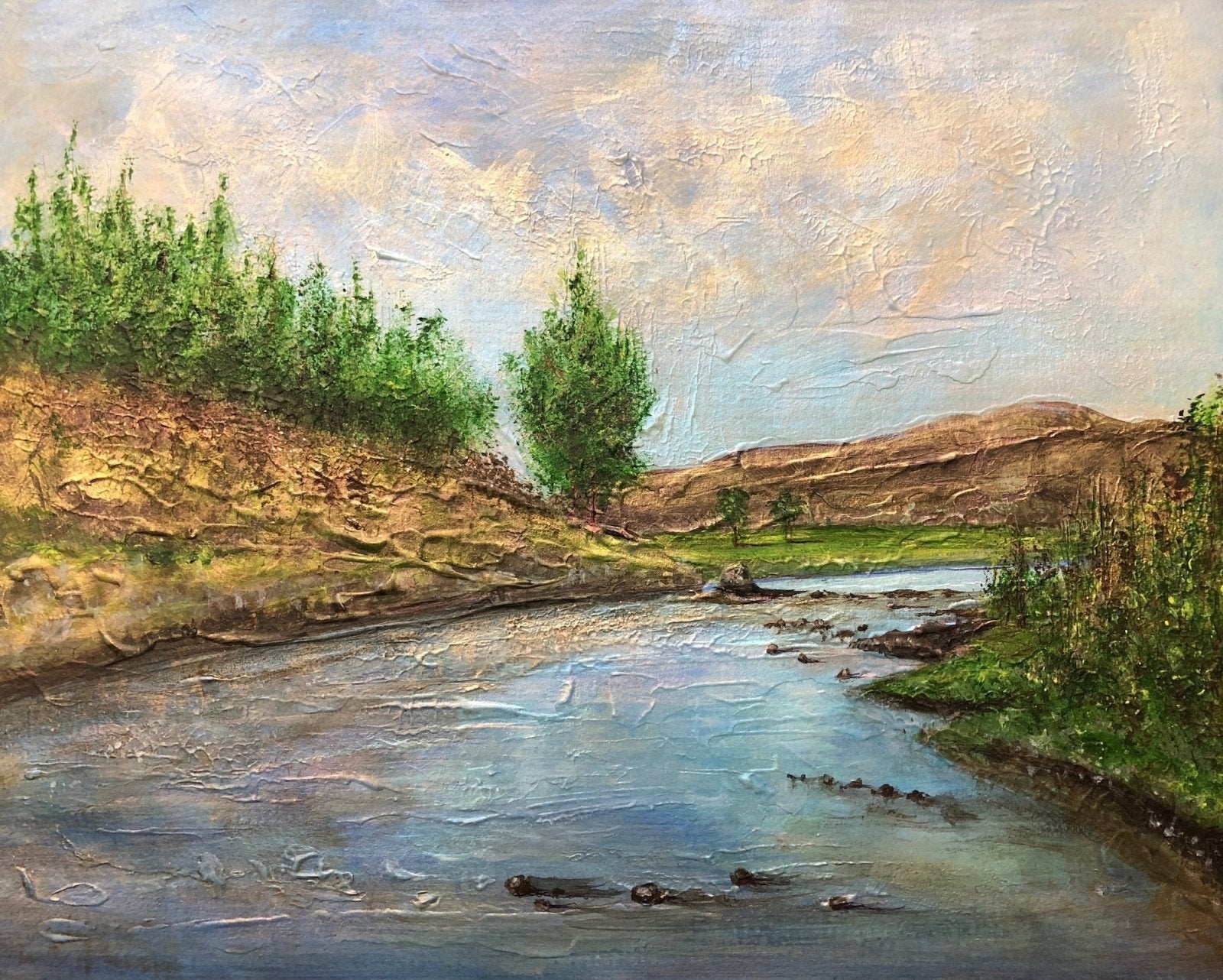 Oil painting of a serene Scottish river landscape with textured brushstrokes