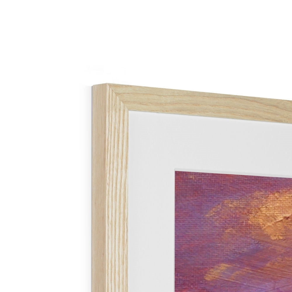 Light oak frame with groove detail holding purple orange Copacabana Beach abstract print
