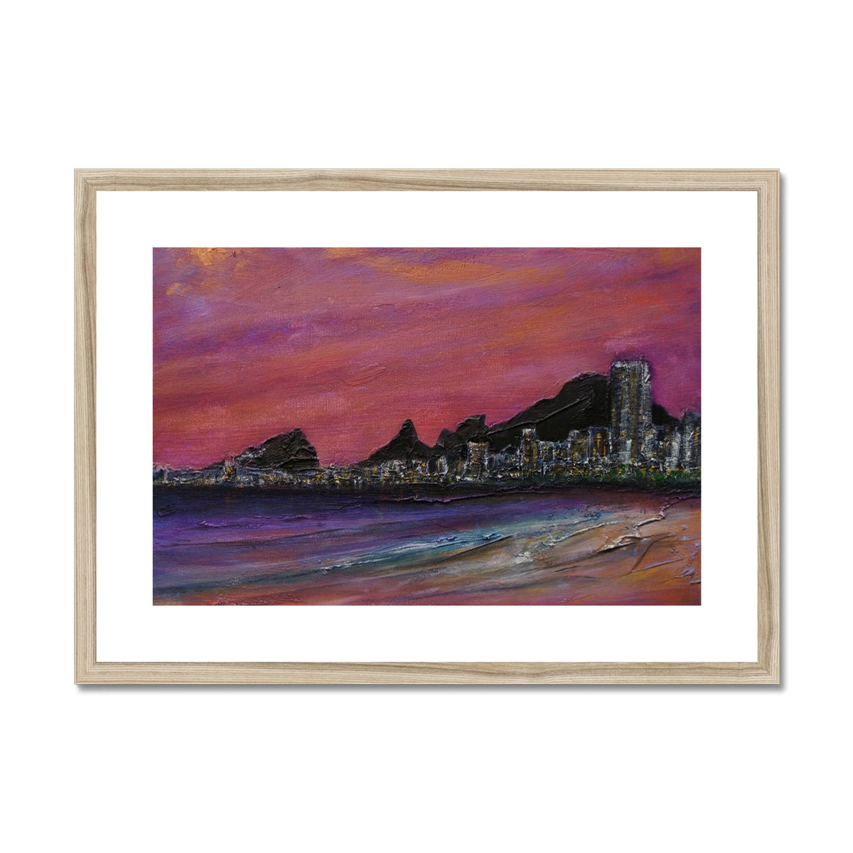 Framed Copacabana Beach sunset cityscape with purple-orange skies