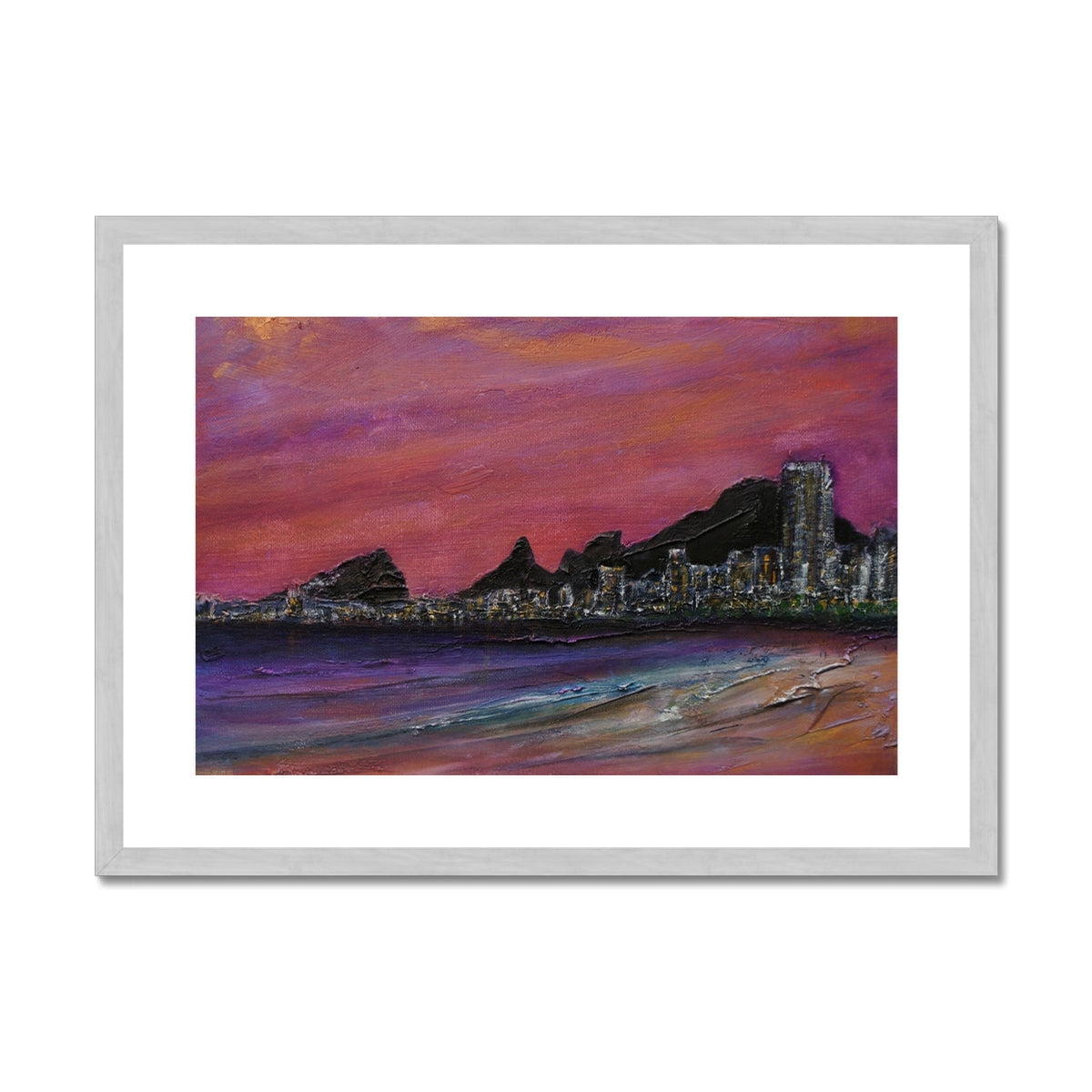 Copacabana Beach Dusk Painting | Antique Framed & Mounted Prints From Scotland-Antique Framed & Mounted Prints-World Art Gallery-A2 Landscape-Silver Frame-Paintings, Prints, Homeware, Art Gifts From Scotland By Scottish Artist Kevin Hunter