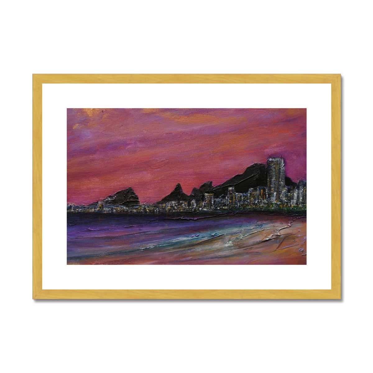 Copacabana Beach Dusk Painting | Antique Framed & Mounted Prints From Scotland-Antique Framed & Mounted Prints-World Art Gallery-A2 Landscape-Gold Frame-Paintings, Prints, Homeware, Art Gifts From Scotland By Scottish Artist Kevin Hunter