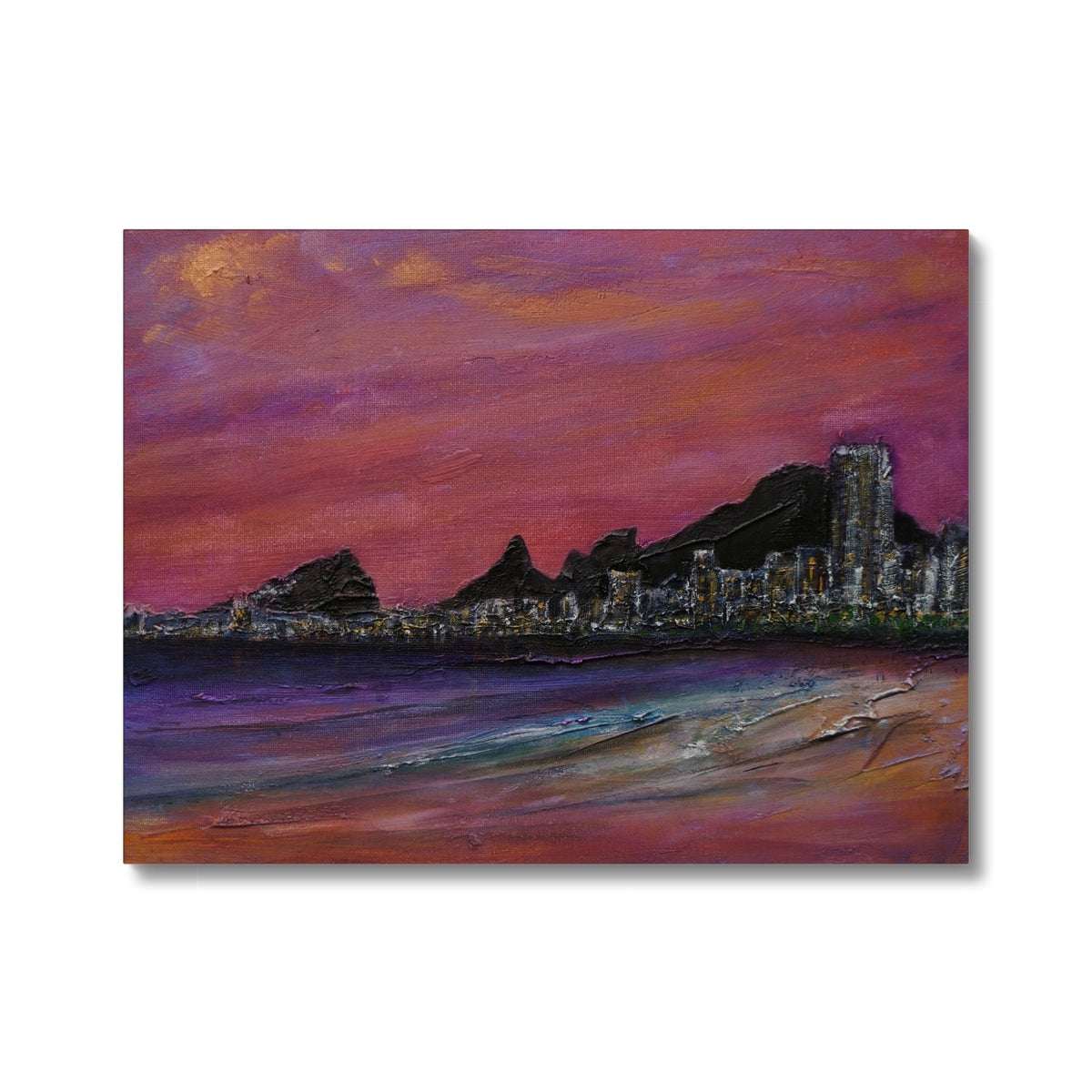 Copacabana Beach Dusk Painting | Canvas From Scotland-Contemporary Stretched Canvas Prints-World Art Gallery-24"x18"-Paintings, Prints, Homeware, Art Gifts From Scotland By Scottish Artist Kevin Hunter
