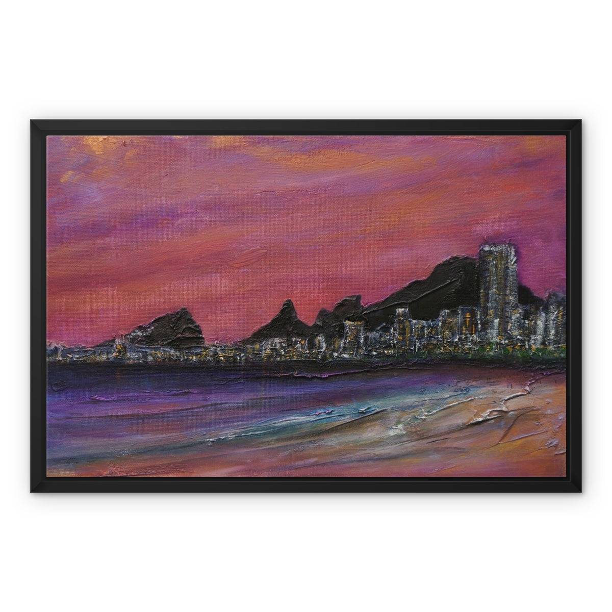 Copacabana Beach Dusk Painting | Framed Canvas From Scotland-Floating Framed Canvas Prints-World Art Gallery-24"x18"-Paintings, Prints, Homeware, Art Gifts From Scotland By Scottish Artist Kevin Hunter