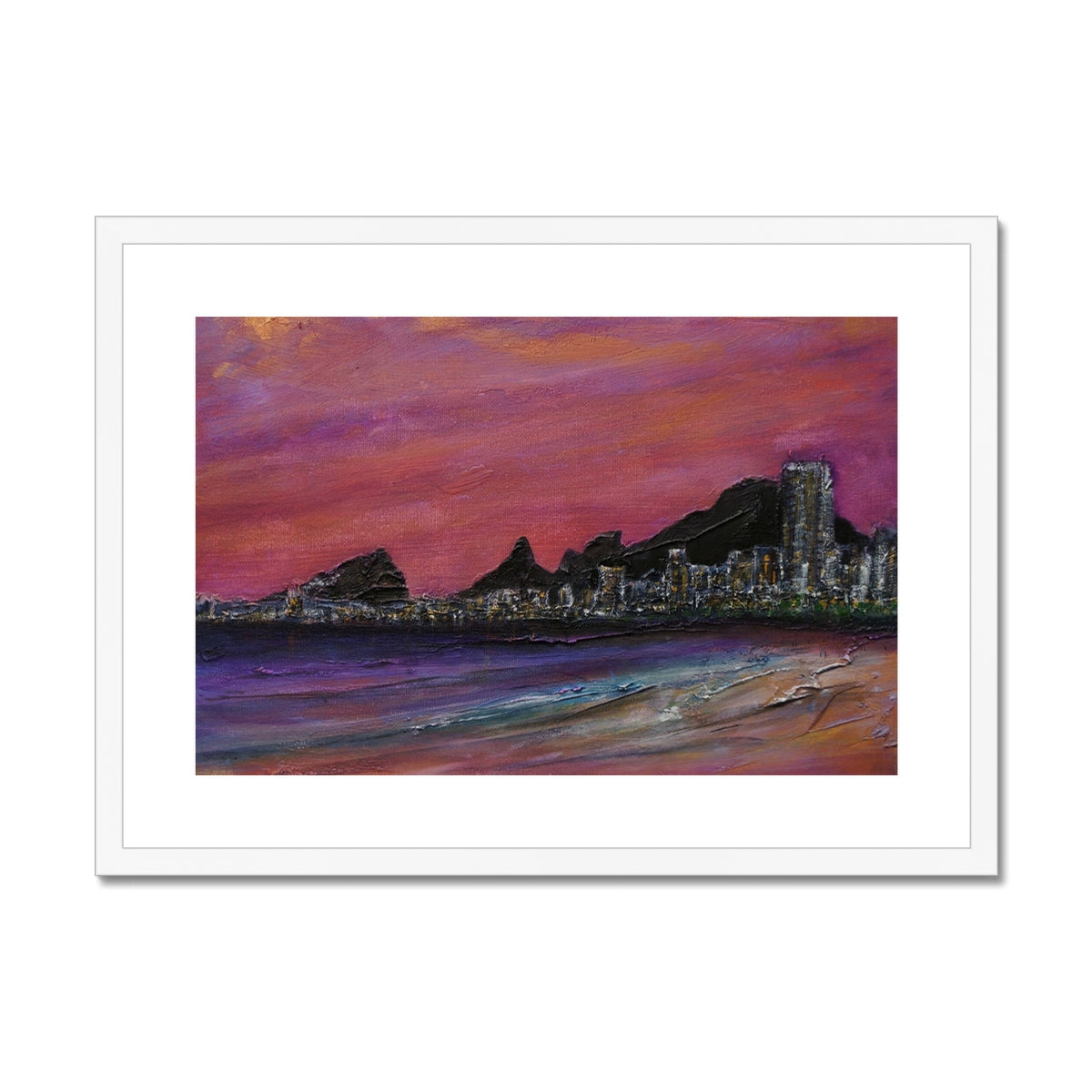 Copacabana Beach Dusk Painting | Framed & Mounted Prints From Scotland-Framed & Mounted Prints-World Art Gallery-A2 Landscape-White Frame-Paintings, Prints, Homeware, Art Gifts From Scotland By Scottish Artist Kevin Hunter