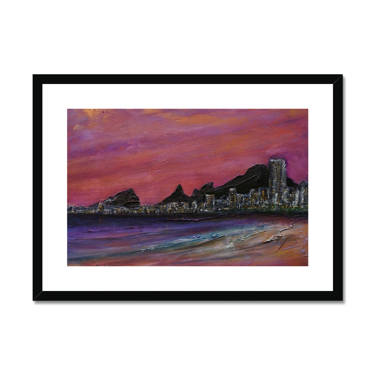 Copacabana Beach Dusk Painting | Framed & Mounted Prints From Scotland-Framed & Mounted Prints-World Art Gallery-A2 Landscape-Black Frame-Paintings, Prints, Homeware, Art Gifts From Scotland By Scottish Artist Kevin Hunter
