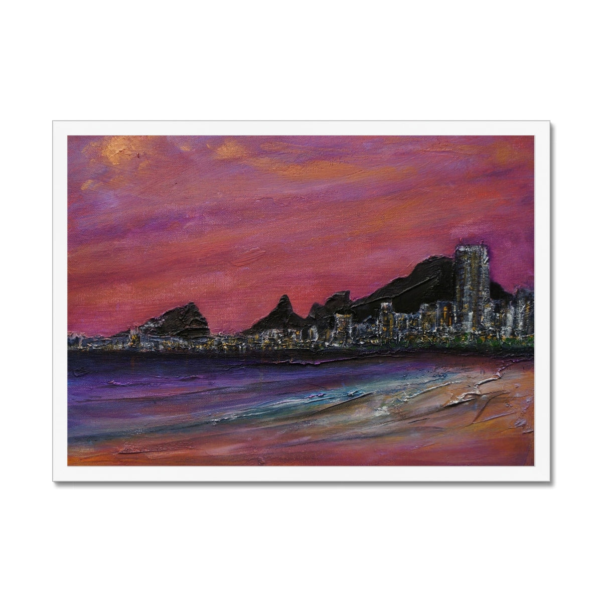 Copacabana Beach Dusk Painting | Framed Prints From Scotland-Framed Prints-World Art Gallery-A2 Landscape-White Frame-Paintings, Prints, Homeware, Art Gifts From Scotland By Scottish Artist Kevin Hunter