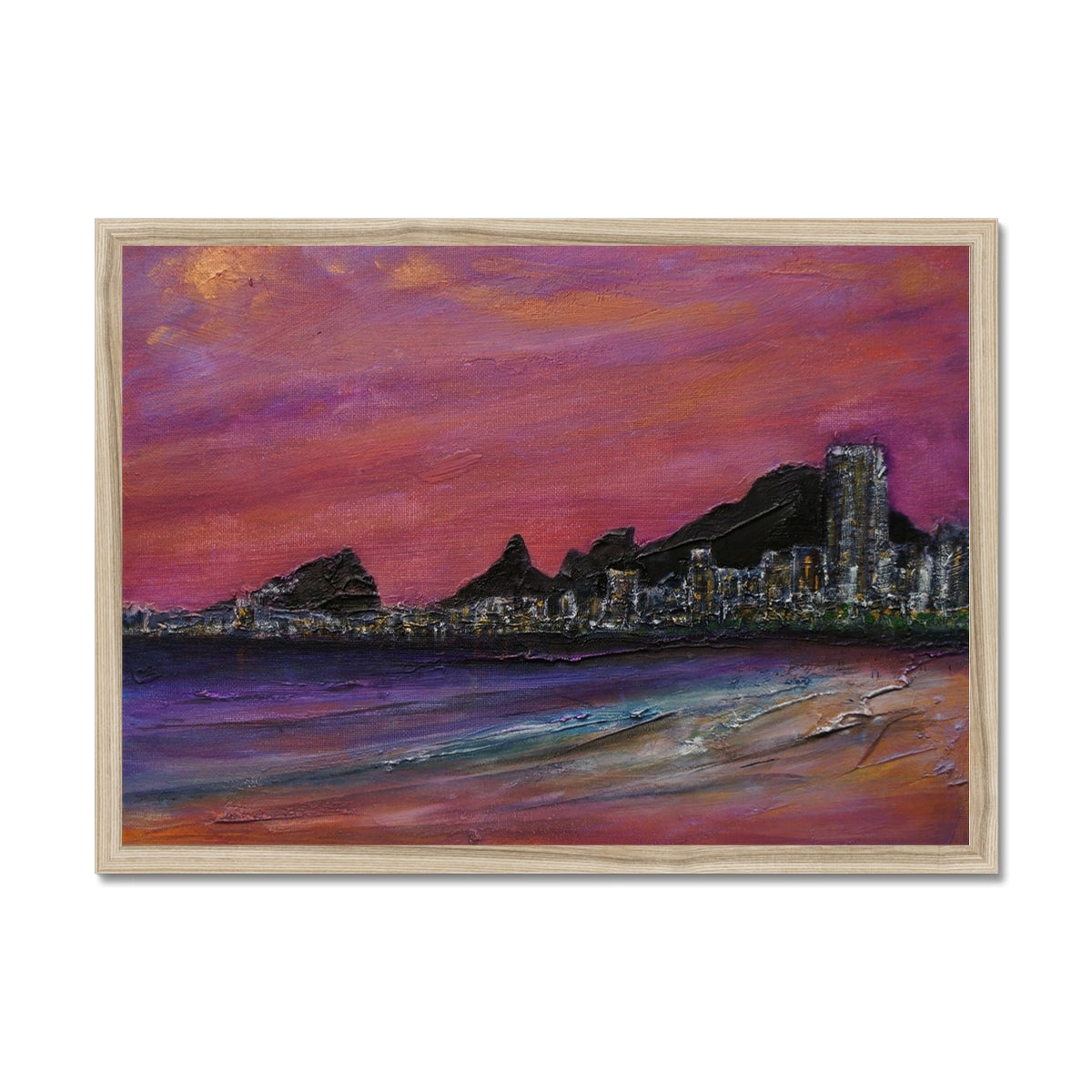 Copacabana Beach Dusk Painting | Framed Prints From Scotland-Framed Prints-World Art Gallery-A2 Landscape-Natural Frame-Paintings, Prints, Homeware, Art Gifts From Scotland By Scottish Artist Kevin Hunter