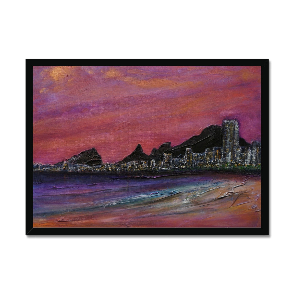 Copacabana Beach Dusk Painting | Framed Prints From Scotland-Framed Prints-World Art Gallery-A2 Landscape-Black Frame-Paintings, Prints, Homeware, Art Gifts From Scotland By Scottish Artist Kevin Hunter