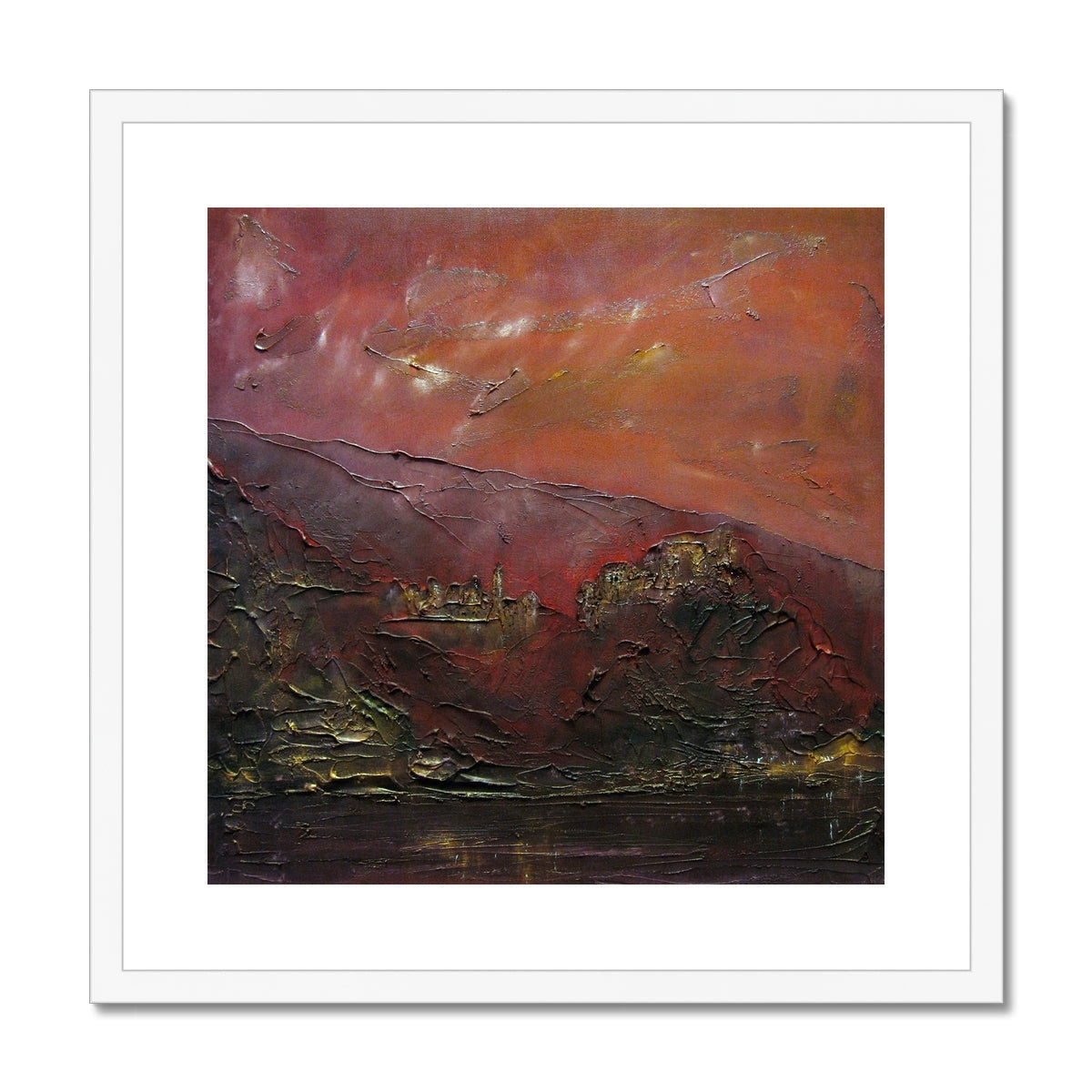 Red and orange textured abstract painting of Corniglia Dusk Italy, white frame