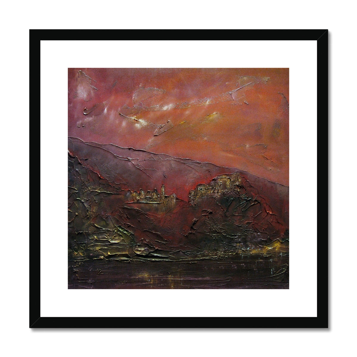 Corniglia Dusk Italy abstract art print in black frame with warm textured hues