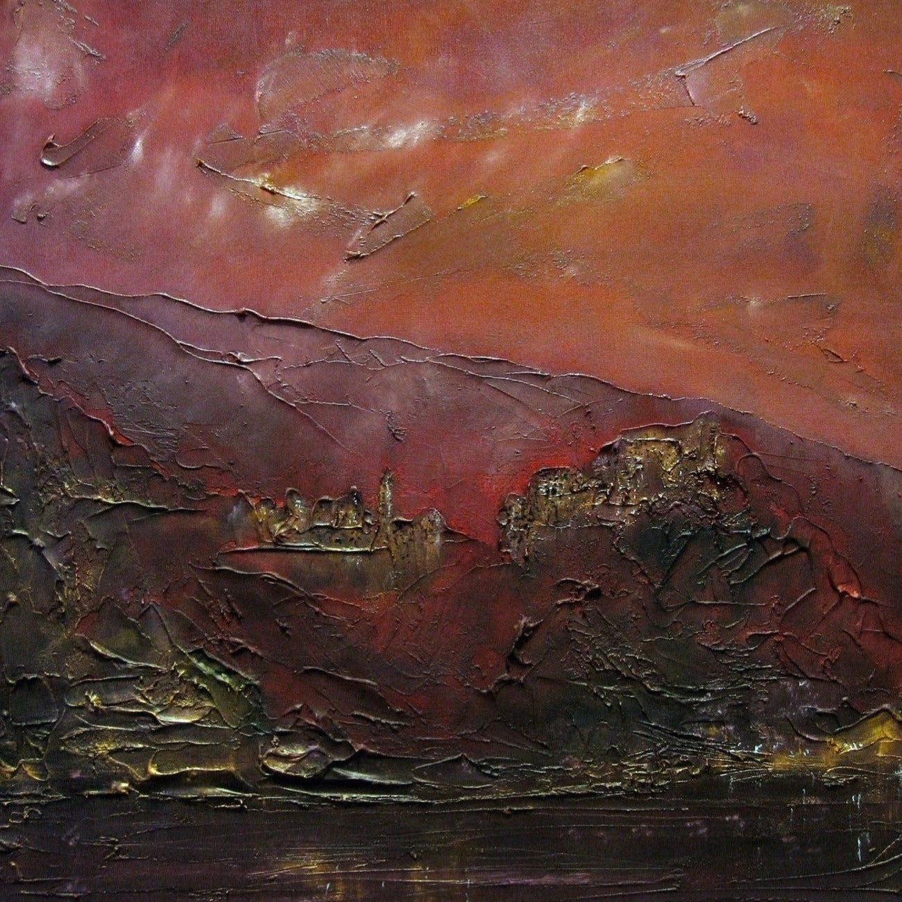 Textured landscape painting of Corniglia Dusk Italy with fiery sky and vibrant colors