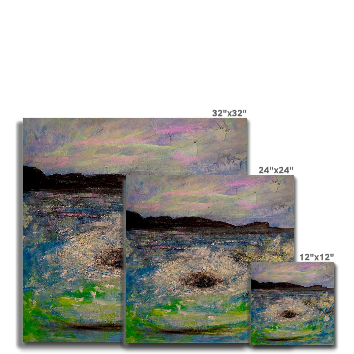 Multiple vibrant abstract landscape canvases featured in The Corryvreckan Whirlpool Canvas artwork