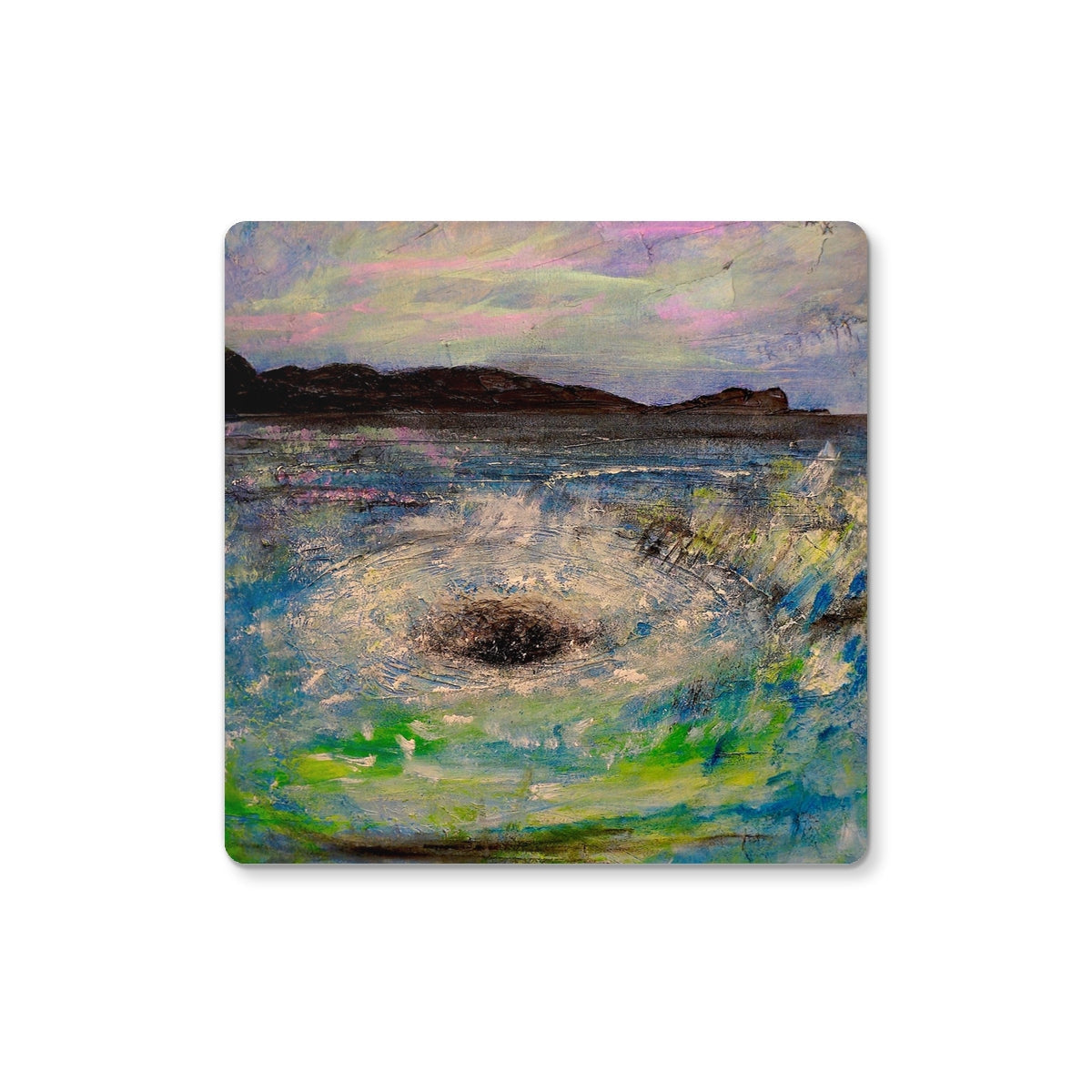 Impressionistic painting of a vibrant seascape with crashing waves and distant mountains