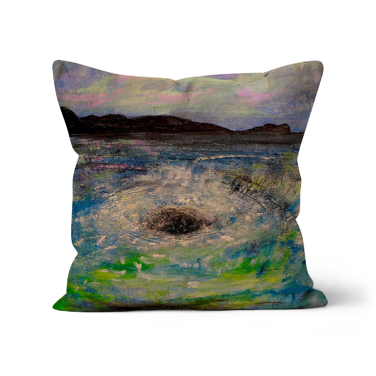 Decorative throw pillow featuring impressionistic dark landscape and swirling vortex design