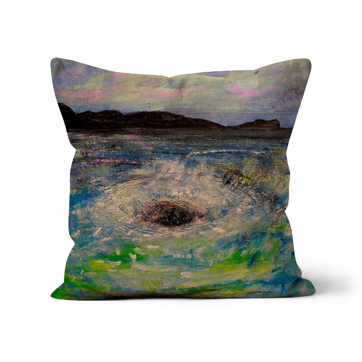 Decorative throw pillow featuring impressionistic landscape of a lake or ocean with mountains