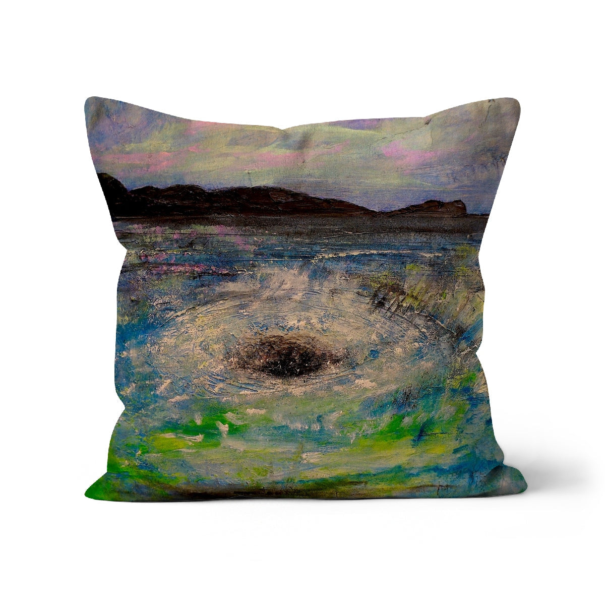 Decorative throw pillow featuring an abstract landscape painting of a water scene