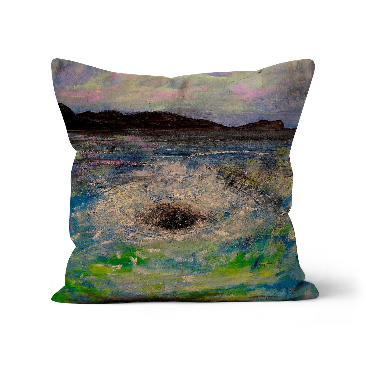 Square throw pillow featuring an abstract landscape with a dark vortex design