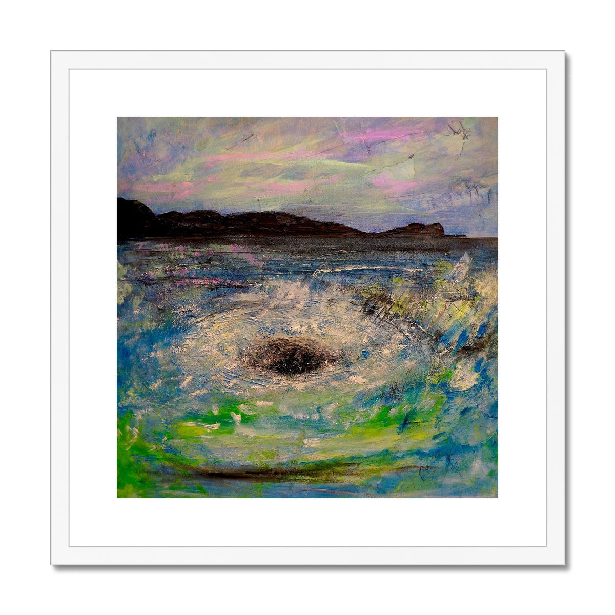 Framed abstract print of a stormy sea with a dark vortex titled The Corryvreckan Whirlpool