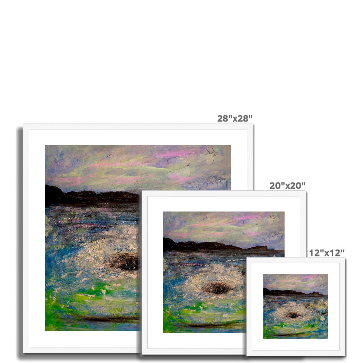 Three framed abstract landscape prints featuring dark landmasses, water, and cloudy skies