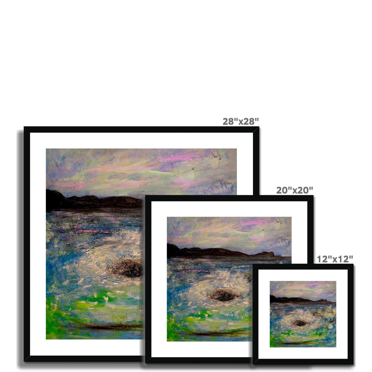 Three framed landscape paintings displayed in The Corryvreckan Whirlpool print display