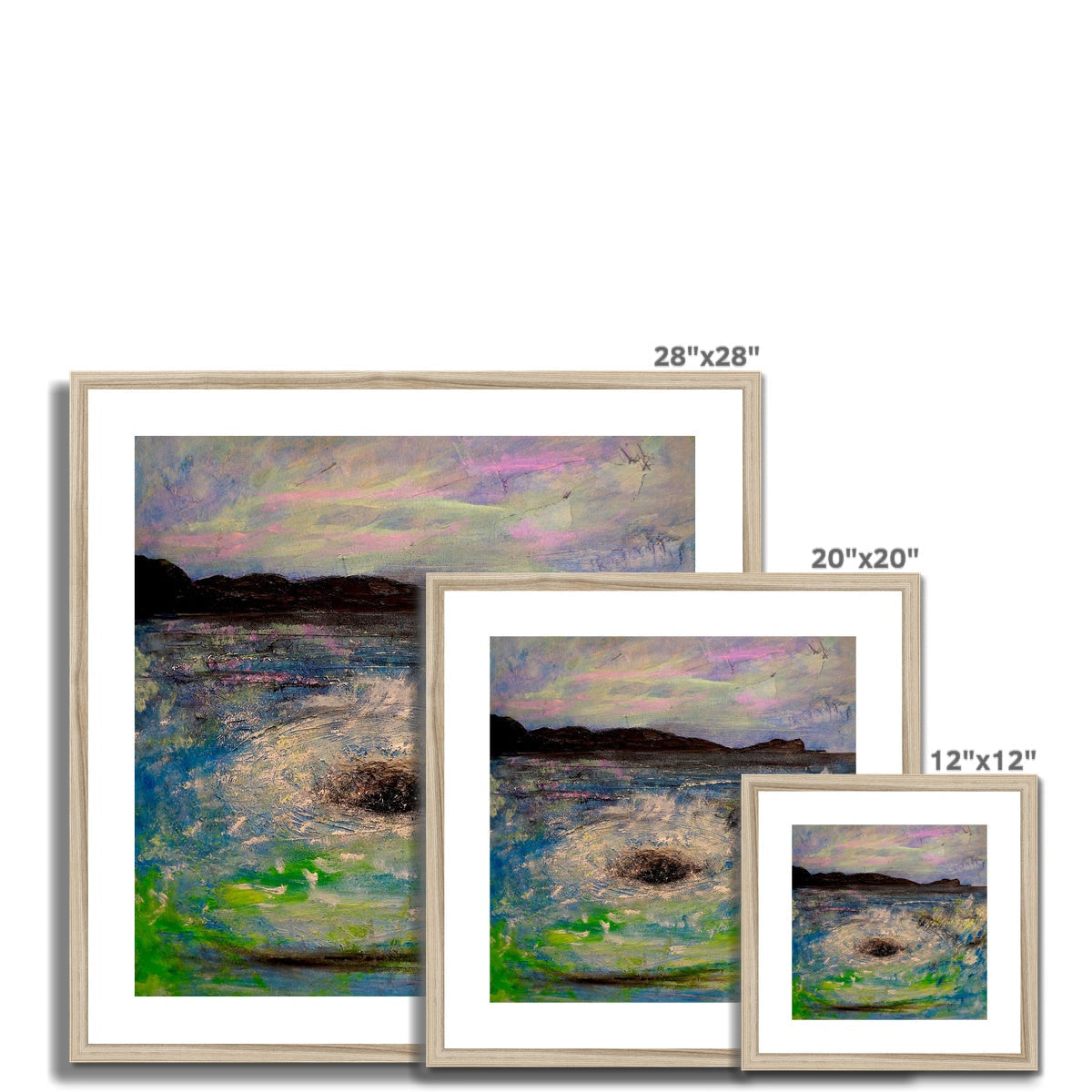Three framed abstract landscape paintings of water and sky in The Corryvreckan Whirlpool print