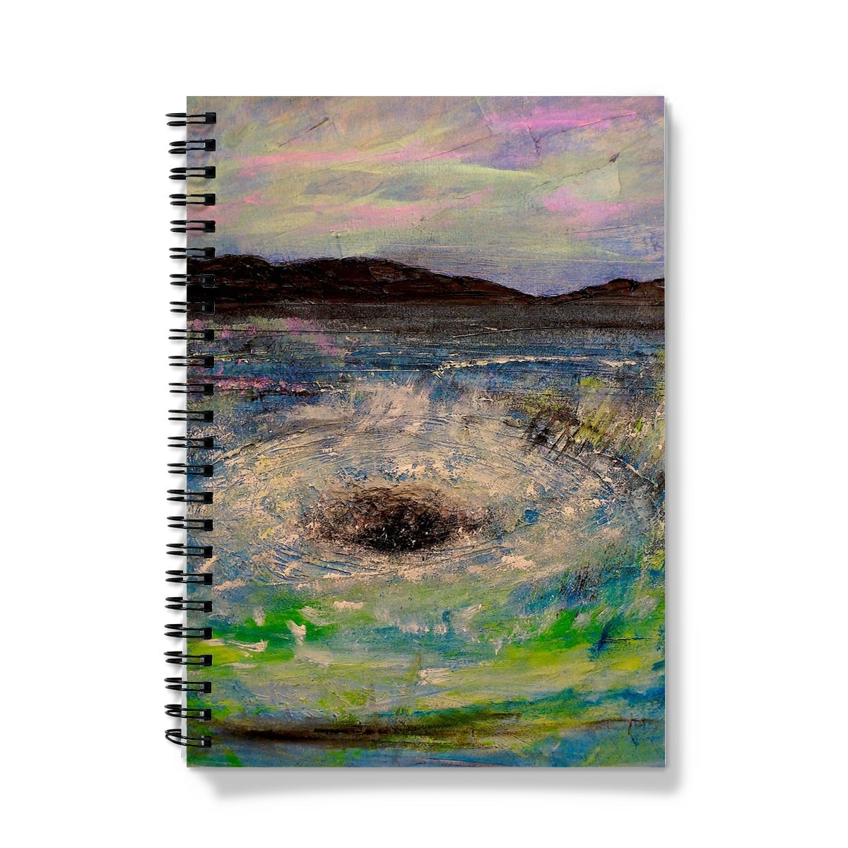 Spiral-bound The Corryvreckan Whirlpool Notebook with impressionistic ocean and mountain scene
