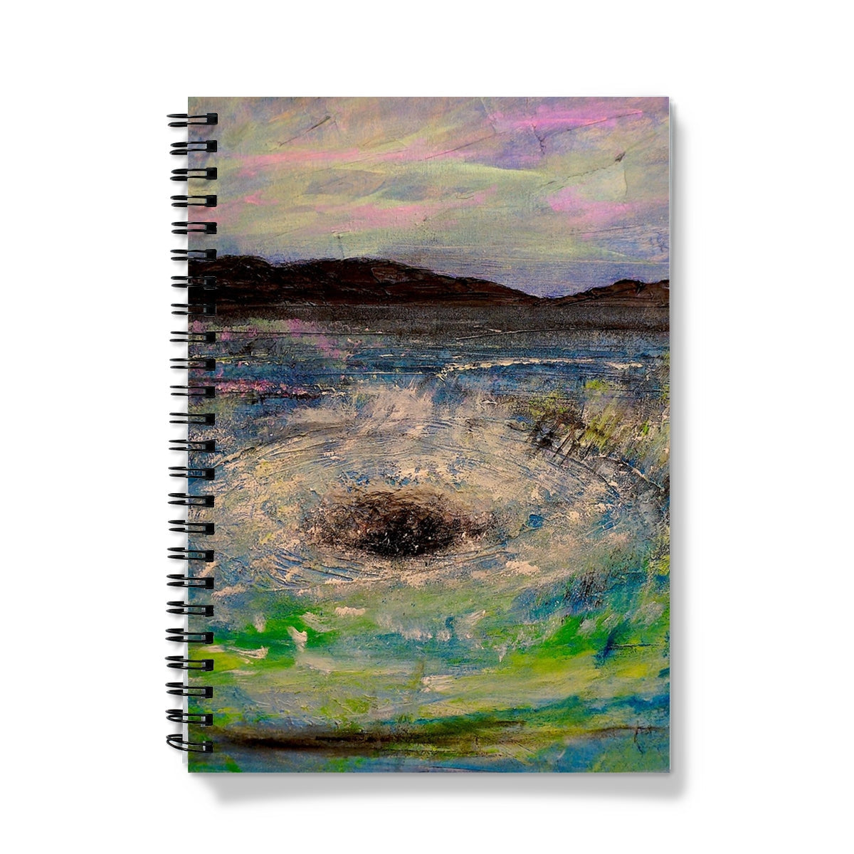 Spiral-bound Corryvreckan Whirlpool Notebook with colorful textured landscape cover