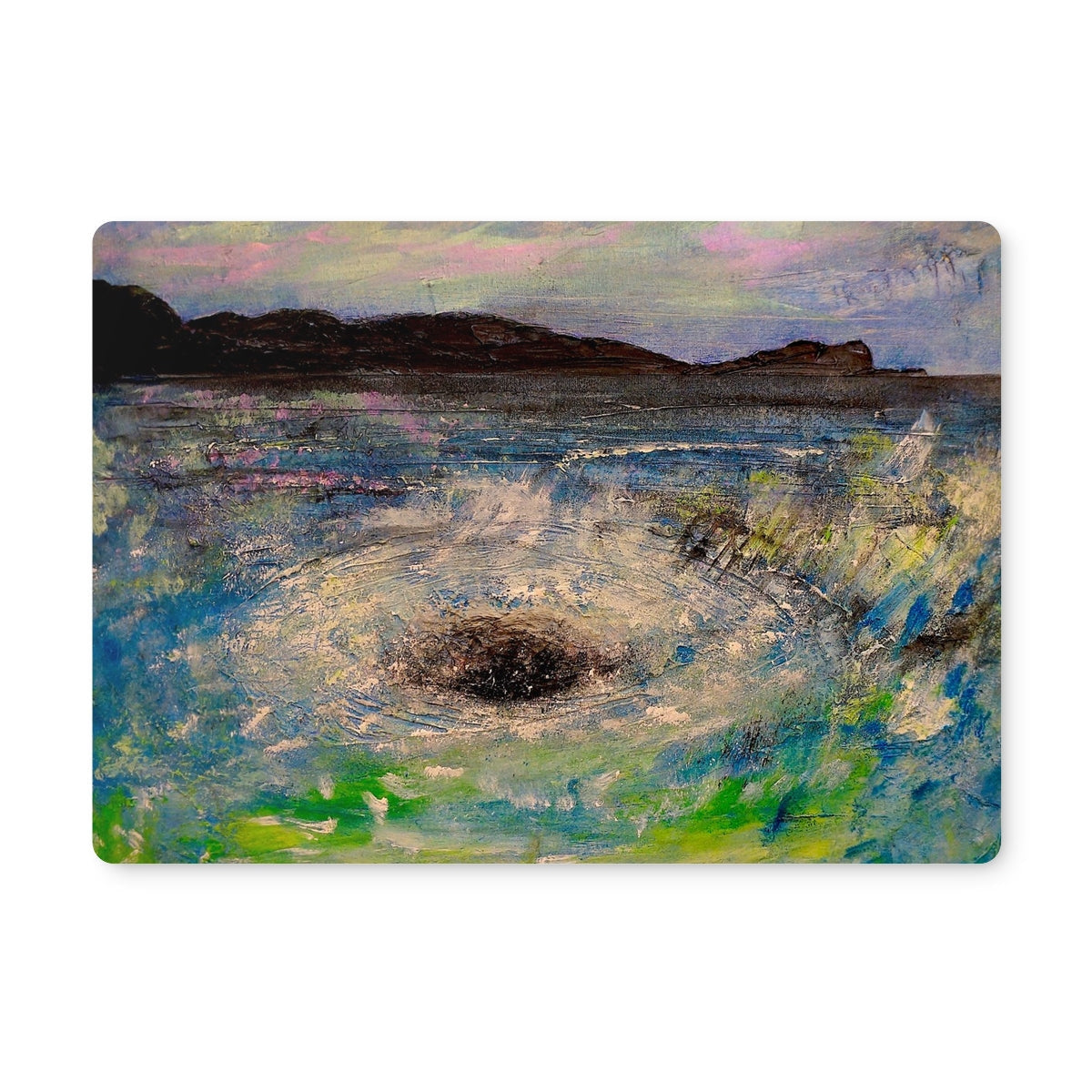 Abstract landscape painting of a whirlpool with hills and colorful sky on The Corryvreckan Placemat