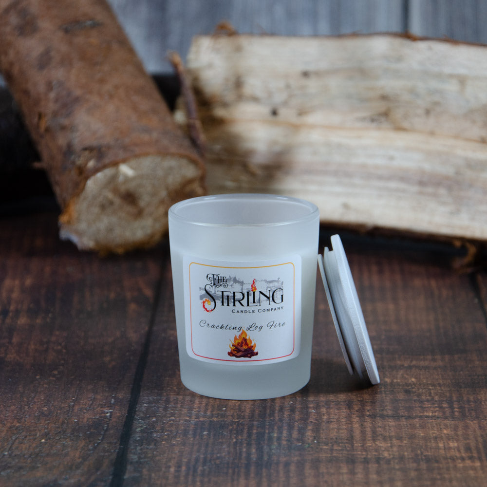 Frosted glass Crackling Log Fire small candle by Stirling Candle Company