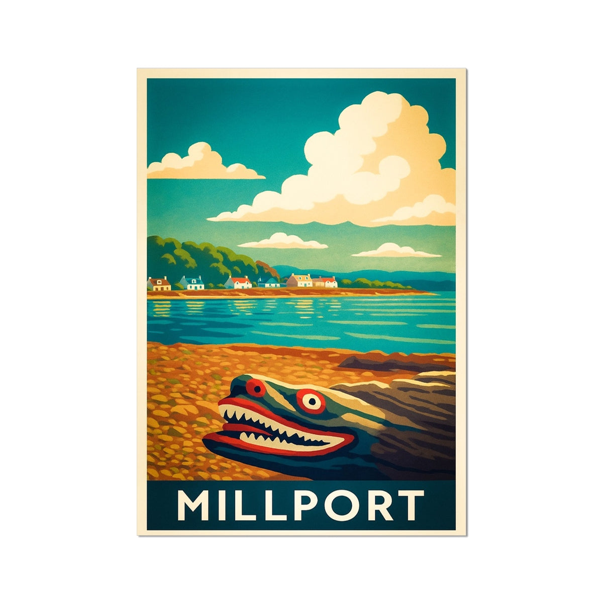 Vibrant retro Crocodile Rock at Millport poster of colorful fish on pebbled shore