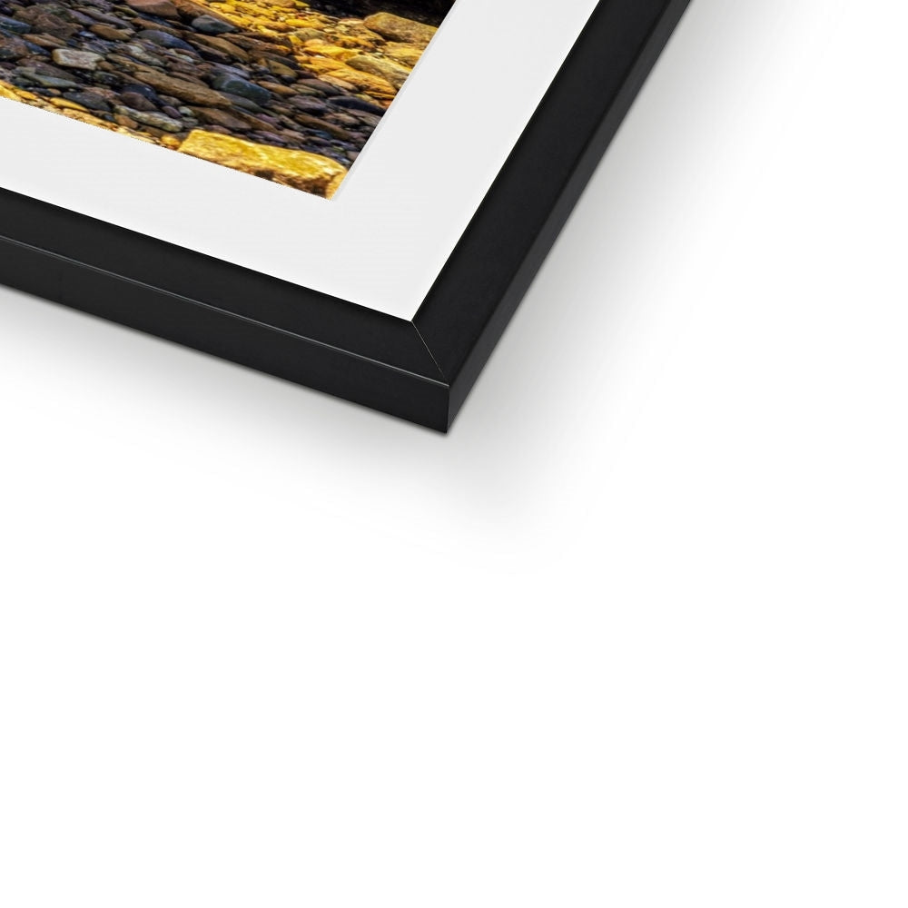 Black frame with white mat and Crocodile Rock Millport rock photo print