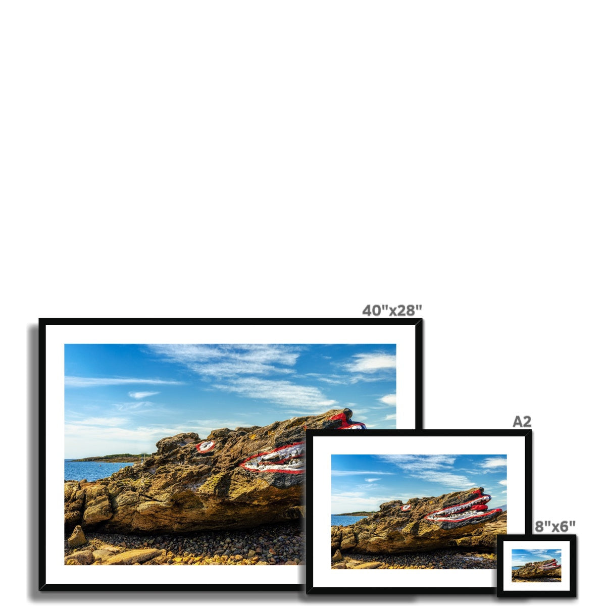 40x28 inch black framed canvas print of vibrant Crocodile Rock Millport coastal scene